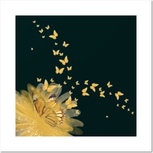 Aesthetic Yellow Flower and Butterflies Posters and Art